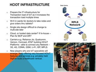 HCIOT INFRASTRUCTURE
o Prepare the IT infrastructure for
Transaction load of IoT as it increases the
transaction load multiple times
o Wi-fi in wards for doctors to take notes and
give orders thru tablets?
o Single site design difficult to change to
multi-site later
o Cloud, or hosted data center? If In-house –
Plan for BCP and DR?
o Carriers e.g. Reliance Jio, Qualcomm,
Varizon, Comcast, AT&T building HCIoT
Platforms - able to connect any Network –
3G, 4G, CDMA, GSM, Li-Fi, ISP, MPLS.
o New players who are IoT specialists will
emerge, likely offering very focused HCIoT
features and services e.g. privately held
SigFox touts a healthcare vertical.
 