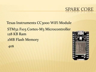 SPARK CORE
Texas Instruments CC3000 WiFi Module
STM32 F103 Cortex-M3 Microcontroller
128 KB Ram
2MB Flash Memory
40$
 