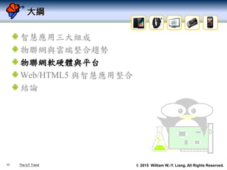 © 2015 William W.-Y. Liang, All Rights Reserved.
大綱
智慧應用三大組成
物聯網與雲端整合趨勢
物聯網軟硬體與平台
Web/HTML5 與智慧應用整合
結論
17 The IoT Trend
 