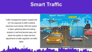 Smart Traffic
Traffic management system coupled with
IoT, the response to traffic incidents
becomes much shorter. With this system
in place, gathering data and making
analysis in real time become easy, and
allows the system to make real time
adjustments to traffic regulation via traffic
lights.
So: www.mobiloitte.com
 