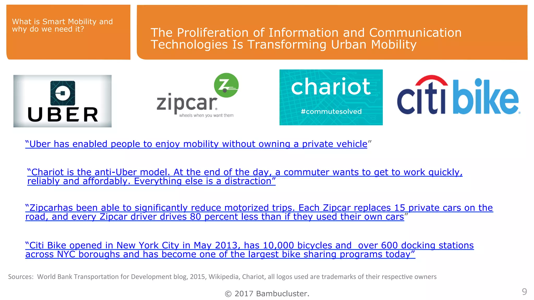 © 2017 Bambucluster.
The Proliferation of Information and Communication
Technologies Is Transforming Urban Mobility
9
What is Smart Mobility and
why do we need it?
“Citi Bike opened in New York City in May 2013, has 10,000 bicycles and over 600 docking stations
across NYC boroughs and has become one of the largest bike sharing programs today”
“Zipcarhas been able to significantly reduce motorized trips. Each Zipcar replaces 15 private cars on the
road, and every Zipcar driver drives 80 percent less than if they used their own cars”
“Uber has enabled people to enjoy mobility without owning a private vehicle”
“Chariot is the anti-Uber model. At the end of the day, a commuter wants to get to work quickly,
reliably and affordably. Everything else is a distraction”
Sources:		World	Bank	Transporta4on	for	Development	blog,	2015,	Wikipedia,	Chariot,	all	logos	used	are	trademarks	of	their	respec4ve	owners	
 