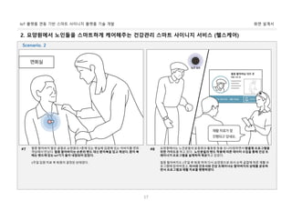 화면 설계서IoT 플랫폼 연동 기반 스마트 사이니지 플랫폼 기술 개발
17
2. 요양원에서 노인들을 스마트하게 케어해주는 건강관리 스마트 사이니지 서비스 (헬스케어)
철중 할아버지 딸은 골절로 요양원의 7층에 있는 병실에 입원해 있는 아버지를 면회
객실에서 만났다. 철중 할아버지는 손몬의 밴드 대신 환자복을 입고 계셨다. 환자 복
에는 밴드에 있는 IoT기기 들이 내장되어 있었다.
1주일 입원 치료 후 퇴원이 결정된 상태였다.
#7 요양원에서는 노인분들의 운동량과 활동량 등을 모니터링하면서 맞춤형 프로그램을
위한 가이드를 하고 있다. 노인분들의 밴드 착용에 따른 데이터 수집을 통해 건강 트
레이너가 프로그램을 설계하여 제공하고 있었다.
철중 할아버지도 1주일 후 퇴원 하여 다시 요양원으로 와서 손목 골절에 따른 재활 프
로그램에 참여하였고, 의사와 간호사와 건강 트레이너는 할아버지의 상태를 공유하
면서 프로그램과 재활 치료를 병행하였다.
#8
Scenario. 2
 