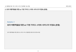 화면 설계서IoT 플랫폼 연동 기반 스마트 사이니지 플랫폼 기술 개발
18
3. 외국 여행객들을 위한 IoT 기반 가이드 스마트 사이니지 이정표 (관광)
Scenario. 3
외국 여행객들을 위한 IoT 기반 가이드 스마트 사이니지 이정표 (관광)
외국 여행객들을 위한 공항 내 스마트 사이니지를 통한 관광 안내 및 정보 제공
 
