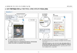 화면 설계서IoT 플랫폼 연동 기반 스마트 사이니지 플랫폼 기술 개발
24
3. 외국 여행객들을 위한 IoT 기반 가이드 스마트 사이니지 이정표 (관광)
버스정보 시스템에서 곧 버스가 도착함을 알린다.
잠시 후 동시에 여러대의 버스가 정류장으로 온다.
버스 정류장의 디지털 사이니지가 증강 현실(AR)을 이용하여 버스 목적지와 번호를
보여준다. 한나는 평창 가는 버스를 쉽게 알 수 있었고 탑승을 했다.
#5 한나는 평창 터미널에 도착한 후 숙소로 가기전 시내 관광을 하기로 하였다.
터미널에 설치된 Digital Milestone은 공항에 있는 것과 동일한 디자인이어서 쉽게 알
아 볼 수 있었다.
Digital Milestone에 앞에 서니 프랑스어로 안내가 나왔다. 평창 5일장을 선택하고 인
근의 맛집 정보도 함께 나왔다. Digital Milestone에서는 터미널에서 50m 거리에서 00
번 시내 버스를 타고 10분 후 도착 이라는 표시되었다. Digital Milestone에서 길 안내
가이드 여부를 묻자 한나는 승인을 하였다.
#6
Scenario. 3
 