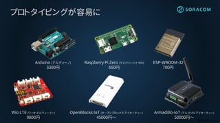 OpenBlocks IoT (オープンブロックス アイオーティー)
45000円～
Armadillo-IoT (アルマジロ アイオーティー)
50000円～
プロトタイピングが容易に
Arduino (アルディーノ)
3300円
Raspberry Pi Zero (ラズベリーパイ ゼロ)
650円
ESP-WROOM-32
700円
Wio LTE (ワィオ エルティーイー)
9800円
 