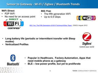 10
Sensor to Gateway - Wi-Fi / Zigbee / Bluetooth Trends
WiFi Direct
• P2P WiFi
• No need for an access point
802.11ac
• The fifth generation WiFi
• Up to 6.9 Gbps
802.11ac: The Fifth Generation of Wi-Fi Technical White Paper,, CISCO, August, 2012
• Long battery life (periodic or intermittent transfer with Sleep
modes)
• Verticalized Profiles
• Popular in Healthcare, Factory Automation, Apps that
need mobile phone as a gateway
• BLE – low power profile, but yet to proliferate
 