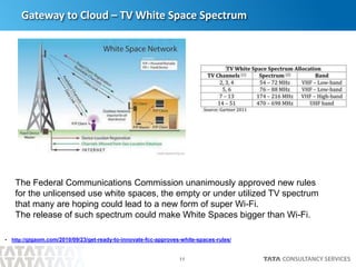 11
Gateway to Cloud – TV White Space Spectrum
• http://gigaom.com/2010/09/23/get-ready-to-innovate-fcc-approves-white-spaces-rules/
The Federal Communications Commission unanimously approved new rules
for the unlicensed use white spaces, the empty or under utilized TV spectrum
that many are hoping could lead to a new form of super Wi-Fi.
The release of such spectrum could make White Spaces bigger than Wi-Fi.
 