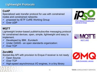 13
Lightweight Protocols
CoAP
Specialized web transfer protocol for use with constrained
nodes and constrained networks
 proposed by IETF CoRE Working Group
 Over UDP
MQTT
Lightweight broker-based publish/subscribe messaging protocol
for constrained devices. open, simple, lightweight and easy to
implement.
 Developed by IBM , Eurotech
 Under OASIS - an open standards organization:
 Over TCP
ZeroMQ
Socket-like API with provision to Enque if receiver is not ready
 Open Source
 Over TCP
 High-speed asynchronous I/O engines, in a tiny library
IPSO Alliance | Enabling the
Internet of Things
MQTT.ORG
Code Connected - zeromq
 