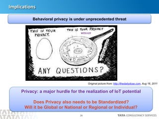 29
Implications
Behavioral privacy is under unprecedented threat
Original picture from: http://thedailydose.com, Aug 16, 2011
WITH IOT
Privacy: a major hurdle for the realization of IoT potential
Does Privacy also needs to be Standardized?
Will it be Global or National or Regional or Individual?
 