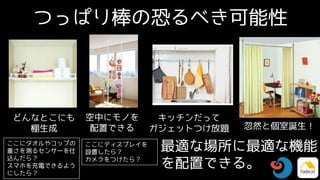 つっぱり棒の恐るべき可能性
どんなとこにも
棚生成
最適な場所に最適な機能
を配置できる。
空中にモノを
配置できる
ここにタオルやコップの
重さを測るセンサーを仕
込んだら？
スマホを充電できるよう
にしたら？
ここにディスプレイを
設置した...
