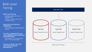 Blob Level
Tiering
Blob-Level Tiering
Individual blobs can move
between tiers
All tiers co-exist in the same
storage account
New API to set blob tier:
SetBlobTier
Acknowledged immediately from
service
Get APIs (GetBlobProperties
and ListBlobs) return current tier
and archive status
New headers "x-ms-access-tier”
and “x-ms-archive-status”
Preview @ Build, GA CY18:
Automated Lifecycle
Management
Blob REST API
Hot Tier
Lower Transaction cost
Cool Tier
Lower Capacity cost
Archive Tier
Lowest Capacity cost
 