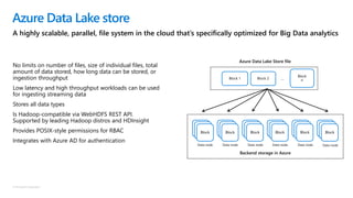 © Microsoft Corporation
No limits on number of files, size of individual files, total
amount of data stored, how long data can be stored, or
ingestion throughput
Low latency and high throughput workloads can be used
for ingesting streaming data
Stores all data types
Is Hadoop-compatible via WebHDFS REST API.
Supported by leading Hadoop distros and HDInsight
Provides POSIX-style permissions for RBAC
Integrates with Azure AD for authentication
Azure Data Lake store
A highly scalable, parallel, file system in the cloud that’s specifically optimized for Big Data analytics
Backend storage in Azure
Data node Data node Data node Data node Data nodeData node
Sh
ard
Sh
ardBlock
Block 1 Block 2
Block
n…
Azure Data Lake Store file
Sh
ard
Sh
ardBlock
Sh
ard
Sh
ardBlock
Sh
ard
Sh
ardBlock
Sh
ard
Sh
ardBlock
Sh
ard
Sh
ardBlock
 