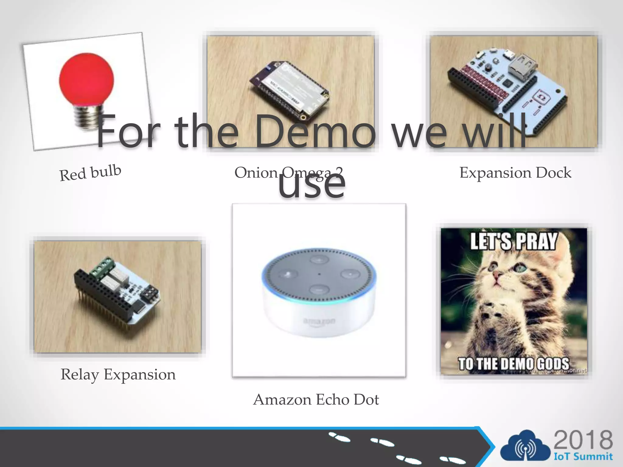 Onion Omega 2 Expansion Dock
Relay Expansion
Amazon Echo Dot
For the Demo we will
use
 