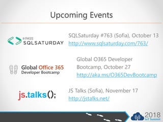 Upcoming Events
SQLSaturday #763 (Sofia), October 13
http://www.sqlsaturday.com/763/
JS Talks (Sofia), November 17
http://jstalks.net/
Global O365 Developer
Bootcamp, October 27
http://aka.ms/O365DevBootcamp
 