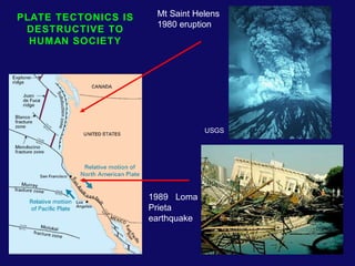 PLATE TECTONICS IS 
DESTRUCTIVE TO 
HUMAN SOCIETY 
Mt Saint Helens 
1980 eruption 
USGS 
1989 Loma 
Prieta 
earthquake 
 