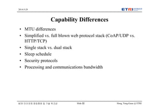 Hong, Yong-Geun @ ETRISlide 22
2014-5-29
IETF 미러포럼 창립총회 및 기술 워크샵
Capability Differences
• MTU differences
• Simplified vs. full blown web protocol stack (CoAP/UDP vs.
HTTP/TCP)
• Single stack vs. dual stack
• Sleep schedule
• Security protocols
• Processing and communications bandwidth
 