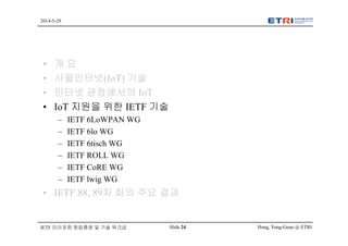 Hong, Yong-Geun @ ETRISlide 24
2014-5-29
IETF 미러포럼 창립총회 및 기술 워크샵
• 개 요
• 사물인터넷(IoT) 기술
• 인터넷 관점에서의 IoT
• IoT 지원을 위한 IETF 기술
– IETF 6LoWPAN WG
– IETF 6lo WG
– IETF 6tisch WG
– IETF ROLL WG
– IETF CoRE WG
– IETF lwig WG
• IETF 88, 89차 회의 주요 결과
 