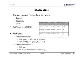 Hong, Yong-Geun @ ETRISlide 25
2014-5-29
IETF 미러포럼 창립총회 및 기술 워크샵
Motivation
• Current Internet Protocol use too much
– Energy
– Spectrum
– Costs
• Wireless technology
• Problems
– Constrained nodes
• little power (~ μW), lots of sleeping
• little ROM (code space), RAM (state)
– Constrained networks
• high loss
• not an Ethernet (multicast, reliability, ...)
[Source : Carsten Bormann, Getting Started with IPv6 in 6LowPAN, 2011/3]
 