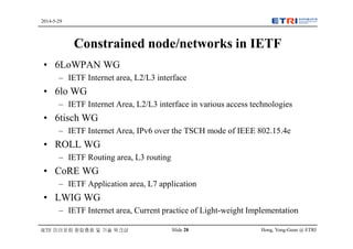 Hong, Yong-Geun @ ETRISlide 28
2014-5-29
IETF 미러포럼 창립총회 및 기술 워크샵
Constrained node/networks in IETF
• 6LoWPAN WG
– IETF Internet area, L2/L3 interface
• 6lo WG
– IETF Internet Area, L2/L3 interface in various access technologies
• 6tisch WG
– IETF Internet Area, IPv6 over the TSCH mode of IEEE 802.15.4e
• ROLL WG
– IETF Routing area, L3 routing
• CoRE WG
– IETF Application area, L7 application
• LWIG WG
– IETF Internet area, Current practice of Light-weight Implementation
 