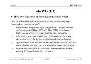 Hong, Yong-Geun @ ETRISlide 33
2014-5-29
IETF 미러포럼 창립총회 및 기술 워크샵
6lo WG (1/3)
• IPv6 over Networks of Resource-constrained Nodes
 