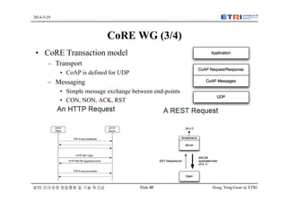 Hong, Yong-Geun @ ETRISlide 45
2014-5-29
IETF 미러포럼 창립총회 및 기술 워크샵
CoRE WG (3/4)
• CoRE Transaction model
– Transport
• CoAP is defined for UDP
– Messaging
• Simple message exchange between end-points
• CON, NON, ACK, RST
 