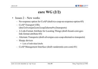 Hong, Yong-Geun @ ETRISlide 55
2014-5-29
IETF 미러포럼 창립총회 및 기술 워크샵
core WG (2/2)
• Issues 2 – New works
– No-response option for CoAP (draft-tcs-coap-no-response-option-05)
– CoAP Transport URIs
(dra12silverajan2core2coap2alterna9ve2transports)
– A Link-Format Attribute for Locating Things (draft-fossati-core-geo-
link-format-attribute-03)
– Alternate Transports (draft-silverajan-core-coap-alternative-transports)
– Sleepy devices
• Lots of individual drafts
– CoAP Management Interface (draft-vanderstok-core-comi-01)
 