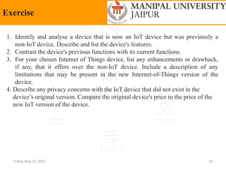 Friday, May 13, 2022 10
Exercise
1. Identify and analyse a device that is now an IoT device but was previously a
non-IoT device. Describe and list the device's features.
2. Contrast the device's previous functions with its current functions.
3. For your chosen Internet of Things device, list any enhancements or drawback,
if any, that it offers over the non-IoT device. Include a description of any
limitations that may be present in the new Internet-of-Things version of the
device.
4. Describe any privacy concerns with the IoT device that did not exist in the
device’s original version. Compare the original device's price to the price of the
new IoT version of the device.
 