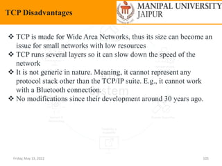 Friday, May 13, 2022 105
TCP Disadvantages
 TCP is made for Wide Area Networks, thus its size can become an
issue for small networks with low resources
 TCP runs several layers so it can slow down the speed of the
network
 It is not generic in nature. Meaning, it cannot represent any
protocol stack other than the TCP/IP suite. E.g., it cannot work
with a Bluetooth connection.
 No modifications since their development around 30 years ago.
 