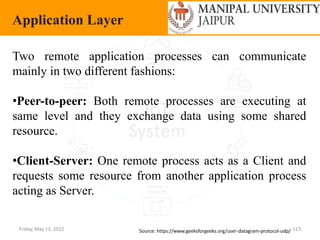 Friday, May 13, 2022 113
Application Layer
Source: https://www.geeksforgeeks.org/user-datagram-protocol-udp/
Two remote application processes can communicate
mainly in two different fashions:
•Peer-to-peer: Both remote processes are executing at
same level and they exchange data using some shared
resource.
•Client-Server: One remote process acts as a Client and
requests some resource from another application process
acting as Server.
 