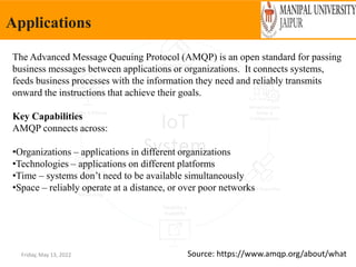 Friday, May 13, 2022
Applications
The Advanced Message Queuing Protocol (AMQP) is an open standard for passing
business messages between applications or organizations. It connects systems,
feeds business processes with the information they need and reliably transmits
onward the instructions that achieve their goals.
Key Capabilities
AMQP connects across:
•Organizations – applications in different organizations
•Technologies – applications on different platforms
•Time – systems don’t need to be available simultaneously
•Space – reliably operate at a distance, or over poor networks
Source: https://www.amqp.org/about/what
 