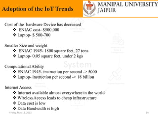 Friday, May 13, 2022 14
Adoption of the IoT Trends
Cost of the hardware Device has decreased
 ENIAC cost- $500,000
 Laptop- $ 500-700
Smaller Size and weight
 ENIAC 1945- 1800 square feet, 27 tons
 Laptop- 0.05 square feet, under 2 kgs
Computational Ability
 ENIAC 1945- instruction per second -> 5000
 Laptop- instruction per second -> 18 billion
Internet Access
 Internet available almost everywhere in the world
 Wireless Access leads to cheap infrastructure
 Data cost is low
 Data Bandwidth is high
 