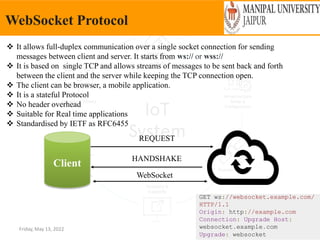 Friday, May 13, 2022
WebSocket Protocol
 It allows full-duplex communication over a single socket connection for sending
messages between client and server. It starts from ws:// or wss://
 It is based on single TCP and allows streams of messages to be sent back and forth
between the client and the server while keeping the TCP connection open.
 The client can be browser, a mobile application.
 It is a stateful Protocol
 No header overhead
 Suitable for Real time applications
 Standardised by IETF as RFC6455
Client
REQUEST
HANDSHAKE
WebSocket
GET ws://websocket.example.com/
HTTP/1.1
Origin: http://example.com
Connection: Upgrade Host:
websocket.example.com
Upgrade: websocket
 