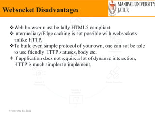 Friday, May 13, 2022
Websocket Disadvantages
Web browser must be fully HTML5 compliant.
Intermediary/Edge caching is not possible with websockets
unlike HTTP.
To build even simple protocol of your own, one can not be able
to use friendly HTTP statuses, body etc.
If application does not require a lot of dynamic interaction,
HTTP is much simpler to implement.
 