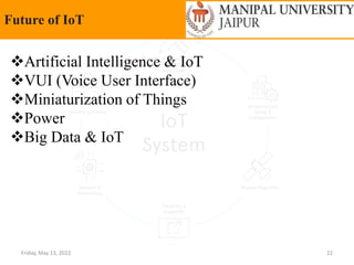 Friday, May 13, 2022 22
Future of IoT
Artificial Intelligence & IoT
VUI (Voice User Interface)
Miniaturization of Things
Power
Big Data & IoT
 
