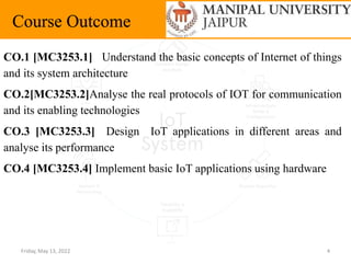 Friday, May 13, 2022 4
Course Outcome
CO.1 [MC3253.1] Understand the basic concepts of Internet of things
and its system architecture
CO.2[MC3253.2]Analyse the real protocols of IOT for communication
and its enabling technologies
CO.3 [MC3253.3] Design IoT applications in different areas and
analyse its performance
CO.4 [MC3253.4] Implement basic IoT applications using hardware
 