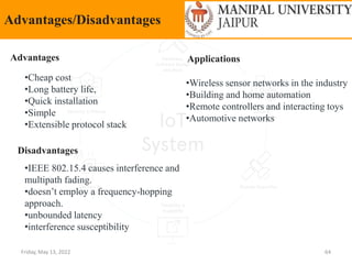 Friday, May 13, 2022 64
Advantages/Disadvantages
Advantages
•Cheap cost
•Long battery life,
•Quick installation
•Simple
•Extensible protocol stack
Disadvantages
•IEEE 802.15.4 causes interference and
multipath fading.
•doesn’t employ a frequency-hopping
approach.
•unbounded latency
•interference susceptibility
•Wireless sensor networks in the industry
•Building and home automation
•Remote controllers and interacting toys
•Automotive networks
Applications
 
