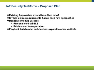 6
IoT Security Taskforce – Proposed Plan
Existing Approaches extend from Web to IoT
IoT has unique requirements & may need new approaches
Deepdive into two us-case
 Personal medical BLE
 Public smart transportation
Playback build model architecture, expand to other verticals
 