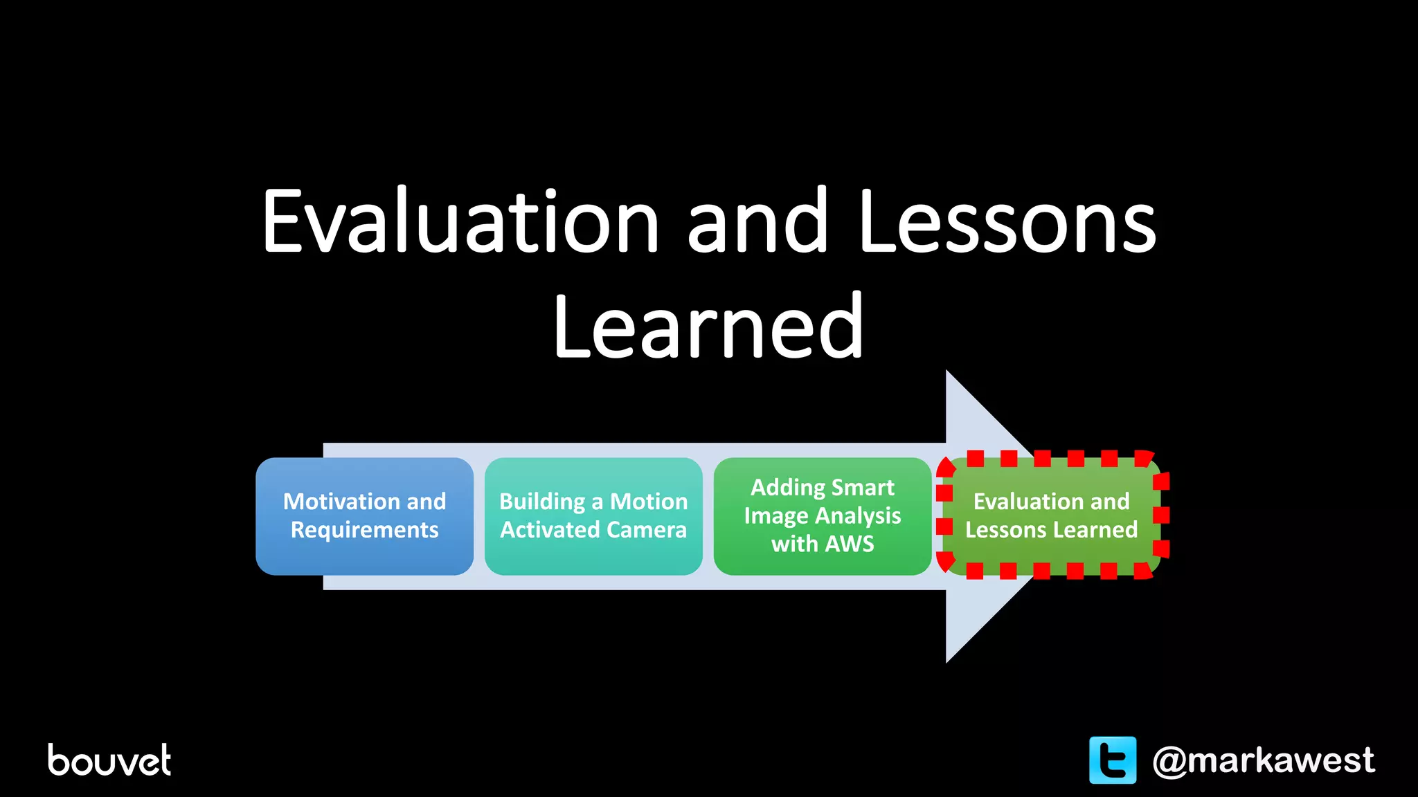 Evaluation	and	Lessons	
Learned
Motivation	and	
Requirements
Building	a	Motion	
Activated	Camera
Adding	Smart	
Image	Analysis	
with	AWS
Evaluation	and	
Lessons	Learned
@markawest
 
