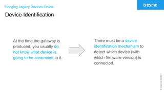 ©tresmoGmbH
Bringing Legacy Devices Online
Device Identification
At the time the gateway is
produced, you usually do
not know what device is
going to be connected to it.
There must be a device
identification mechanism to
detect which device (with
which firmware version) is
connected.
 