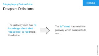 ©tresmoGmbH
Bringing Legacy Devices Online
Datapoint Definitions
The gateway itself has no
knowledge about what
“datapoints” to read from
the device
The IoT cloud has to tell the
gateway which datapoints to
read.
 