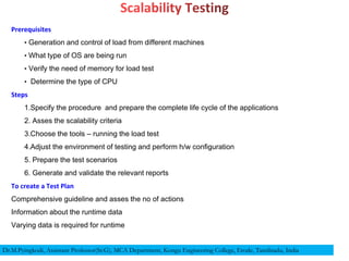 Prerequisites
• Generation and control of load from different machines
• What type of OS are being run
• Verify the need of memory for load test
• Determine the type of CPU
Steps
1.Specify the procedure and prepare the complete life cycle of the applications
2. Asses the scalability criteria
3.Choose the tools – running the load test
4.Adjust the environment of testing and perform h/w configuration
5. Prepare the test scenarios
6. Generate and validate the relevant reports
To create a Test Plan
Comprehensive guideline and asses the no of actions
Information about the runtime data
Varying data is required for runtime
Dr.M.Pyingkodi, Assistant Professor(Sr.G), MCA Department, Kongu Engineering College, Erode, Tamilnadu, India
 