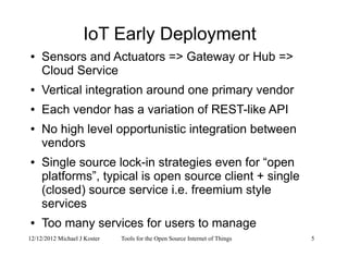 12/12/2012 Michael J Koster Tools for the Open Source Internet of Things 5
IoT Early Deployment
● Sensors and Actuators => Gateway or Hub =>
Cloud Service
● Vertical integration around one primary vendor
● Each vendor has a variation of REST-like API
● No high level opportunistic integration between
vendors
● Single source lock-in strategies even for “open
platforms”, typical is open source client + single
(closed) source service i.e. freemium style
services
● Too many services for users to manage
 