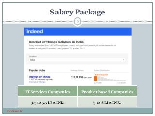 Salary Package
www.etcoe.in
9
IT Services Companies Product based Companies
3.5 to 5.5 LPA INR. 5 to 8 LPA INR.
 