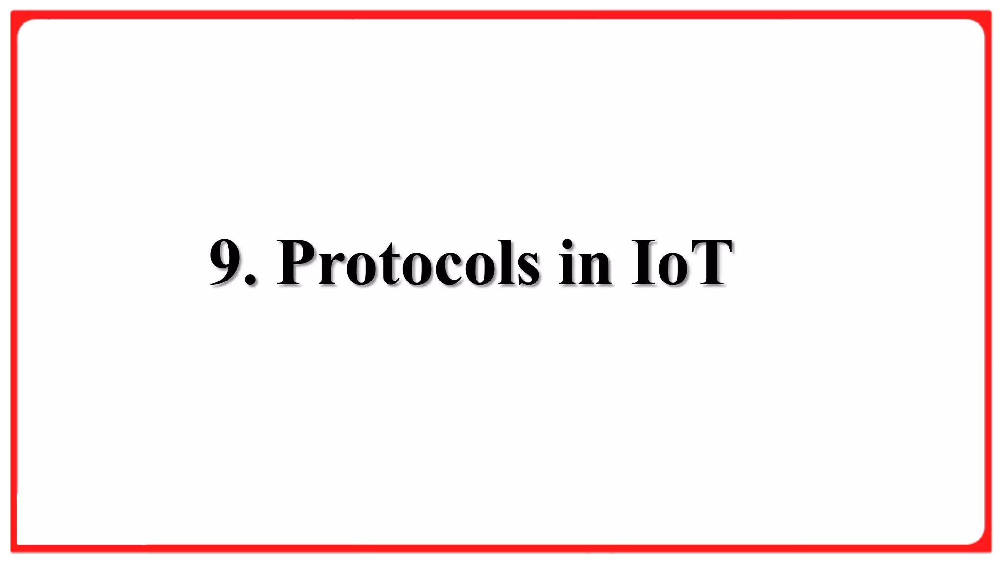Slide Title
Product A
• Feature 1
• Feature 2
• Feature 3
Product B
• Feature 1
• Feature 2
• Feature 3
9. Protocols in IoT
 