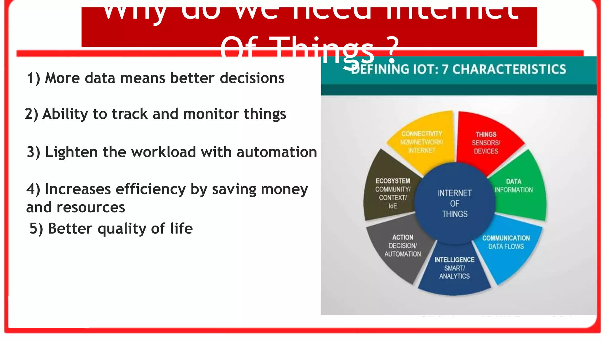 1) More data means better decisions
2) Ability to track and monitor things
3) Lighten the workload with automation
4) Increases efficiency by saving money
and resources
5) Better quality of life
Why do we need Internet
Of Things ?
 