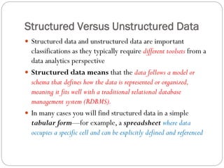 Structured Versus Unstructured Data
 Structured data and unstructured data are important
classifications as they typically require different toolsets from a
data analytics perspective
 Structured data means that the data follows a model or
schema that defines how the data is represented or organized,
meaning it fits well with a traditional relational database
management system (RDBMS).
 In many cases you will find structured data in a simple
tabular form—for example, a spreadsheet where data
occupies a specific cell and can be explicitly defined and referenced
 
