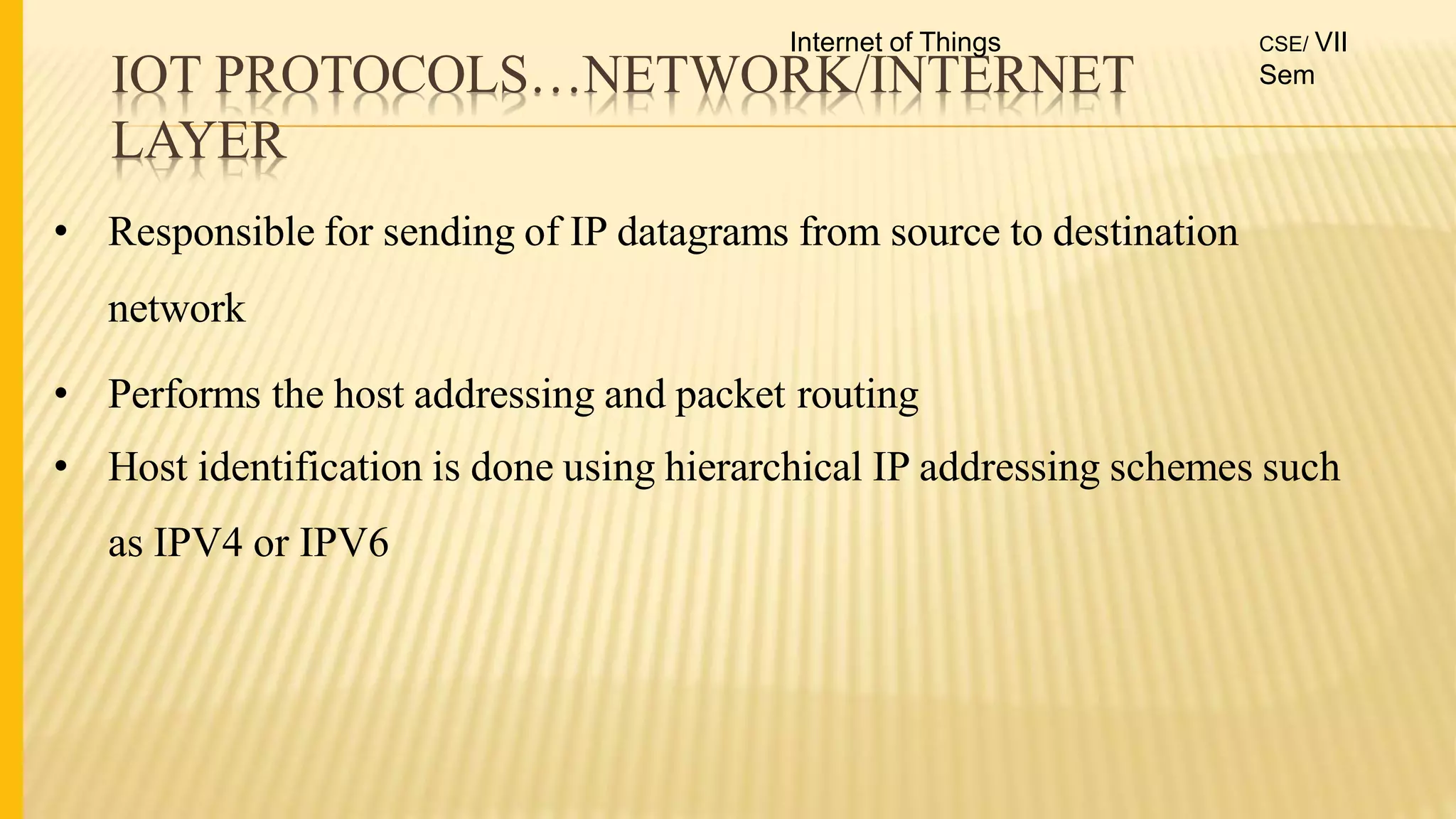 IOT PROTOCOLS…NETWORK/INTERNET
LAYER
• Responsible for sending of IP datagrams from source to destination
network
• Performs the host addressing and packet routing
• Host identification is done using hierarchical IP addressing schemes such
as IPV4 or IPV6
Internet of Things CSE/ VII
Sem
 