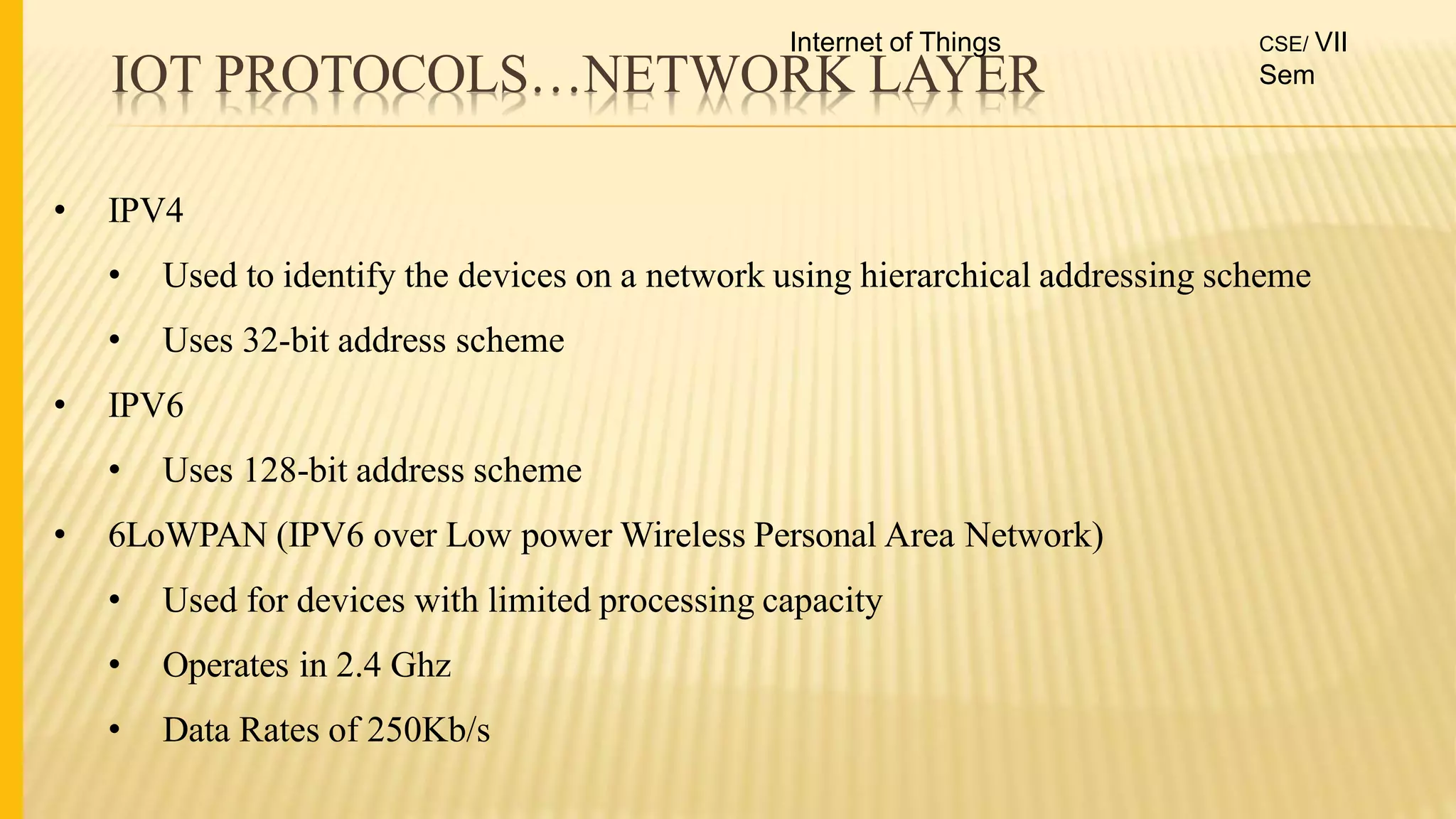 IOT PROTOCOLS…NETWORK LAYER
• IPV4
• Used to identify the devices on a network using hierarchical addressing scheme
• Uses 32-bit address scheme
• IPV6
• Uses 128-bit address scheme
• 6LoWPAN (IPV6 over Low power Wireless Personal Area Network)
• Used for devices with limited processing capacity
• Operates in 2.4 Ghz
• Data Rates of 250Kb/s
Internet of Things CSE/ VII
Sem
 