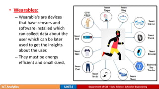 • Wearables:
– Wearable's are devices
that have sensors and
software installed which
can collect data about the
user which can be later
used to get the insights
about the user.
– They must be energy
efficient and small sized.
Department of CSE – Data Science, School of Engineering
 