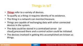 Things in IoT
• Things refer to a variety of devices.
• To qualify as a thing::it requires identity of its existence.
• The thing in a network can monitor/measure.
• Things are capable of exchanging data with other connected
devices in the system.
• The data could be stored in a centralized server (or
cloud),processed there and a control action could be initiated.
• The devices involved in getting this accomplished are known as
things.
Department of CSE – Data Science, School of Engineering
 